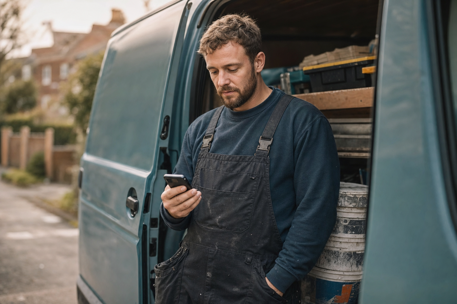 A UK tradesperson checking his phone beside his work van on a residential street.